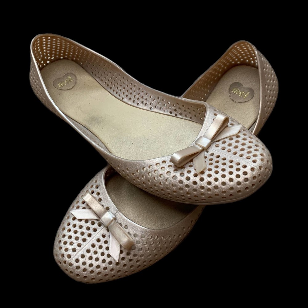 MELISSA Gold Jelly Ballet Flats with Bows on Toe Women's Shoes Fits US 8.5